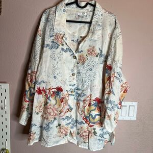 Citron of Santa Monica linen tunic button down top  dragon print